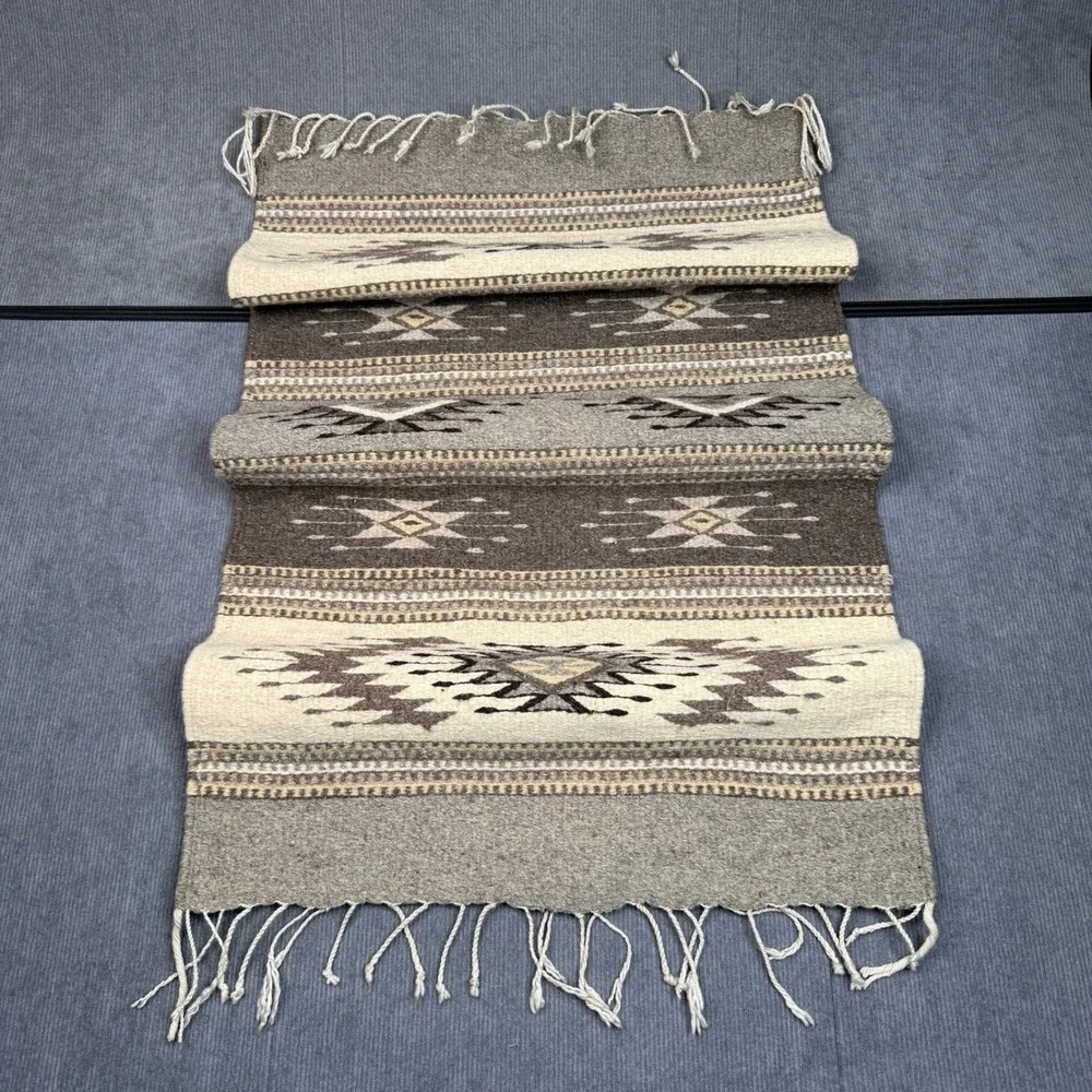 Vintage Mexican Handwoven Wool Rug Grey Cream Geometric Diamond Runner 24x42